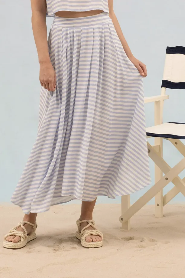 Striped High Waist Pleated Midi Skirt