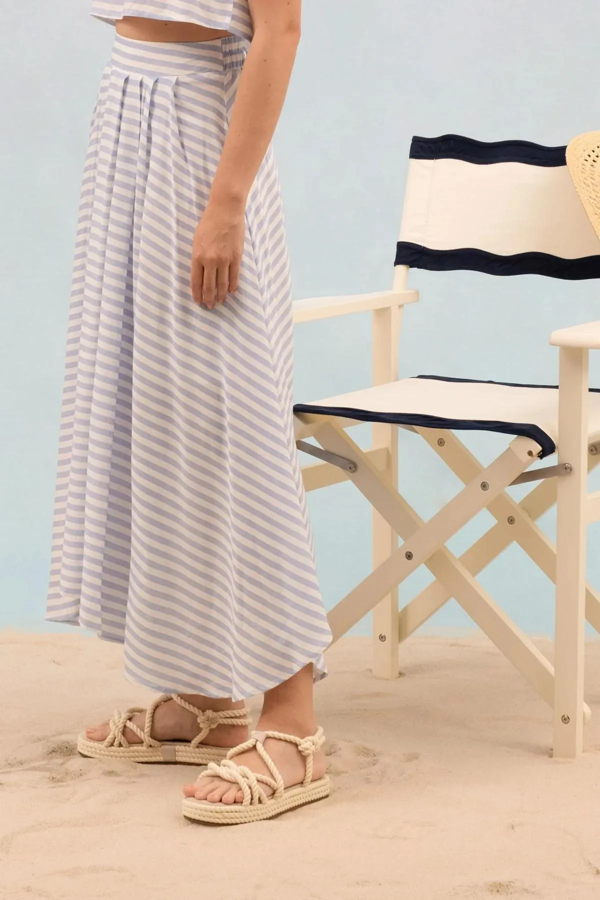 Striped High Waist Pleated Midi Skirt