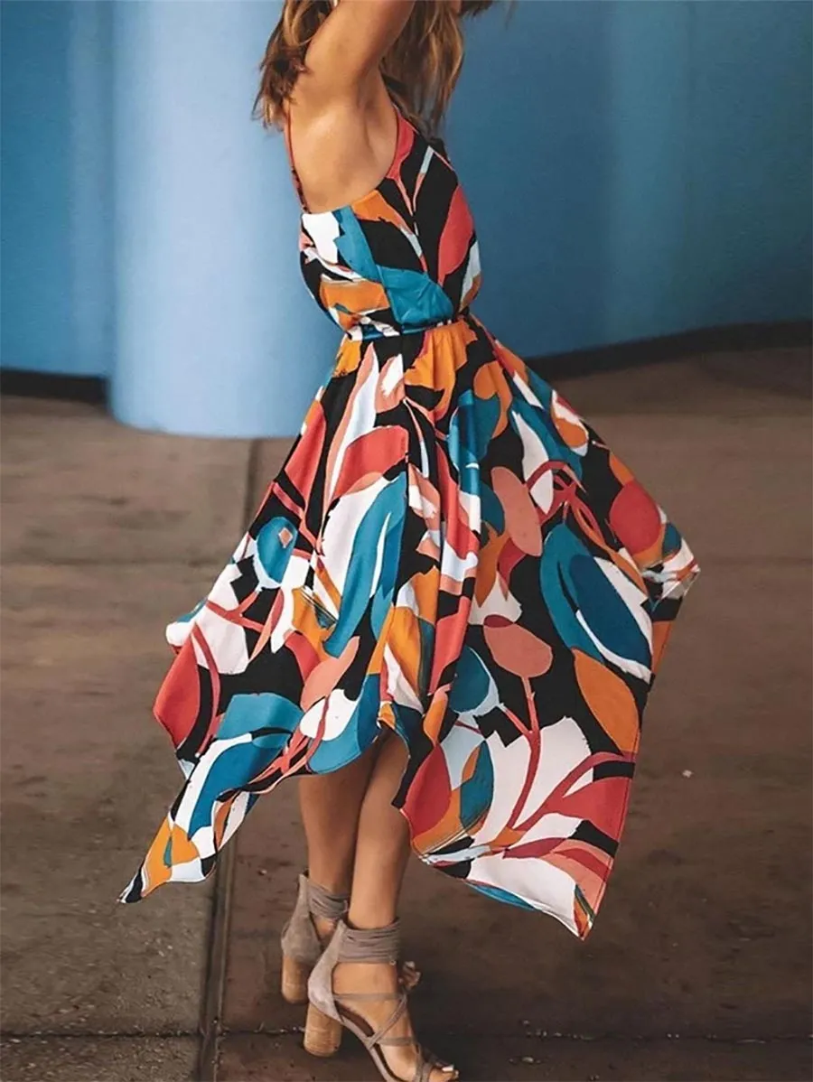 Stunncal Spaghetti Straps Printed Multicolor Midi Dress