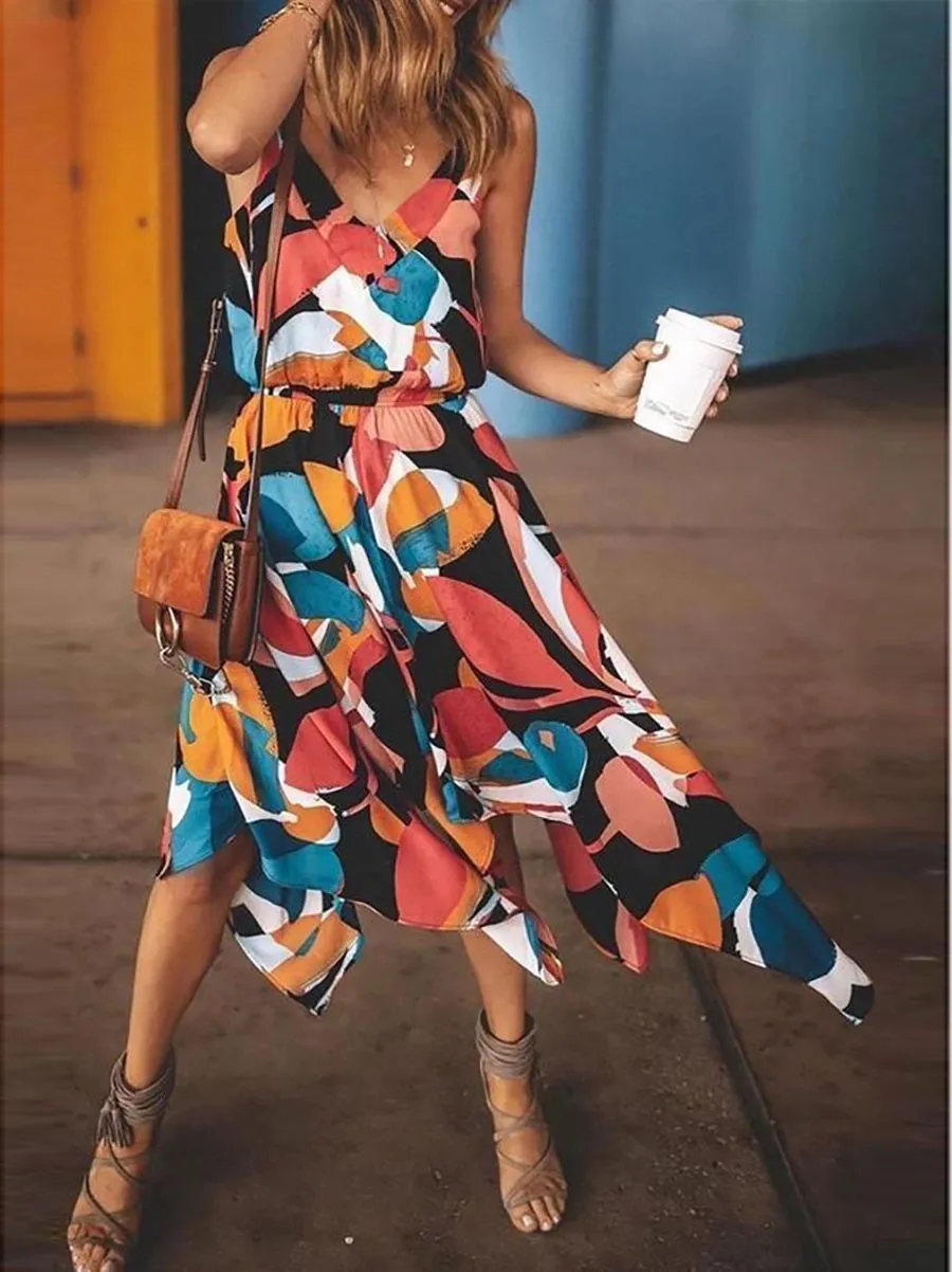 Stunncal Spaghetti Straps Printed Multicolor Midi Dress