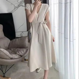 Super Fairy Sweet V-neck Dress White Waist Was Thin and Gentle Style Ladies Temperament Long Dress Female Summer