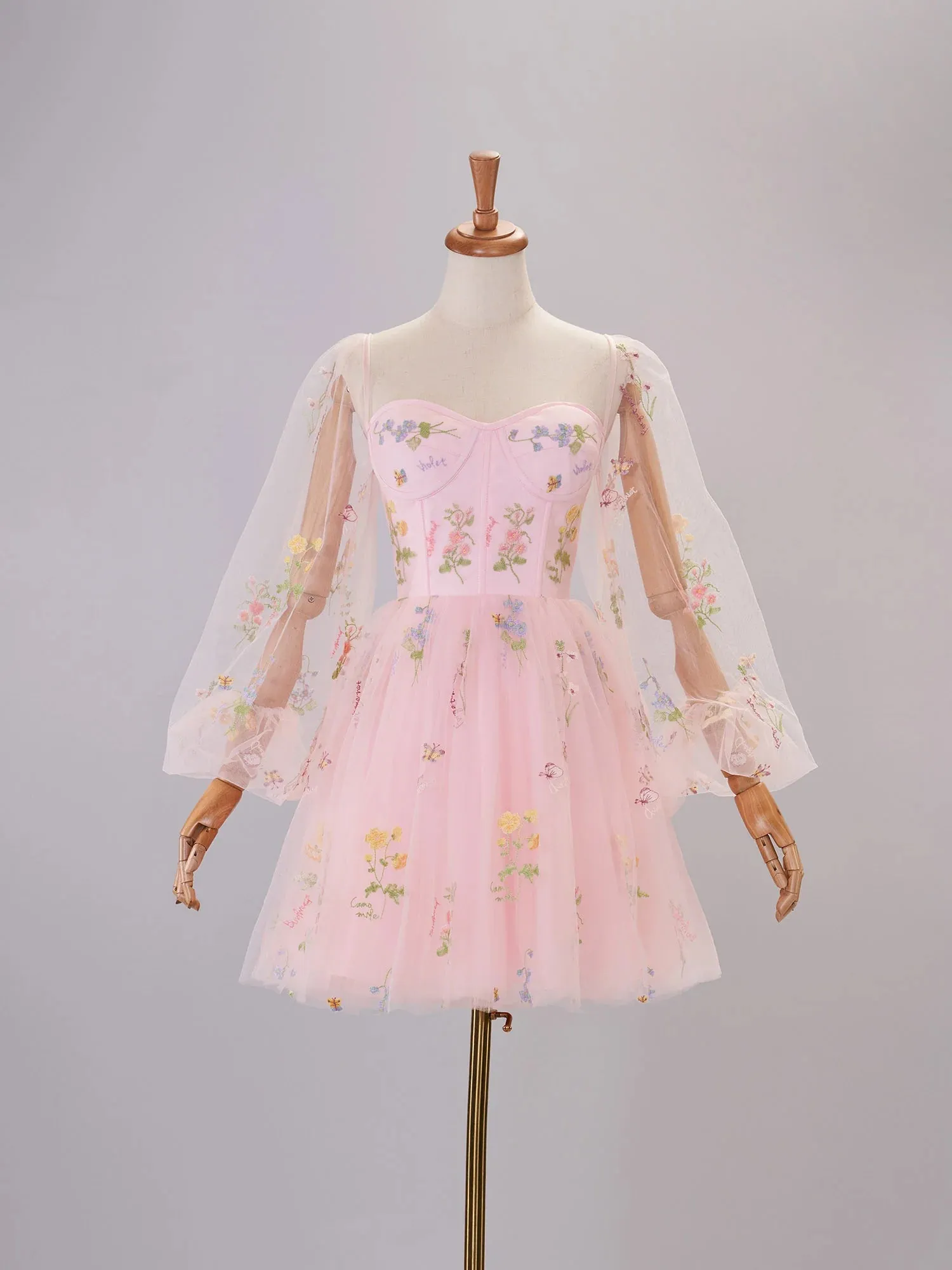 Sweetheart Embroidery Short-Length Tulle Puff Sleeves Cocktail Dress