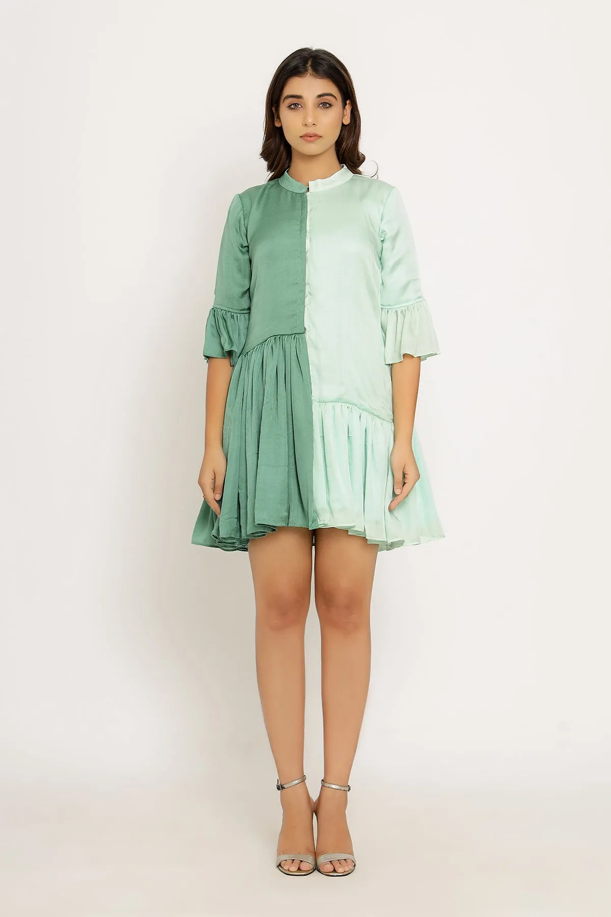 Tea Green-Teal Half & Half Color Blocked Dress