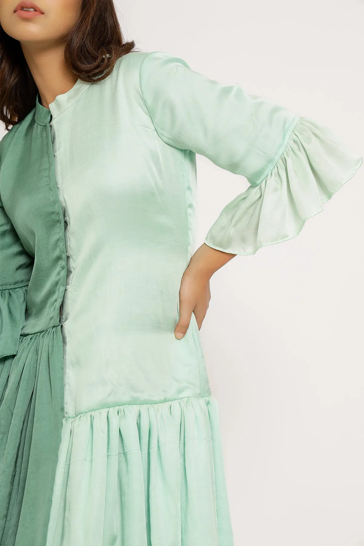 Tea Green-Teal Half & Half Color Blocked Dress