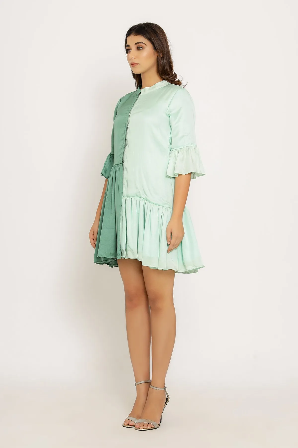 Tea Green-Teal Half & Half Color Blocked Dress