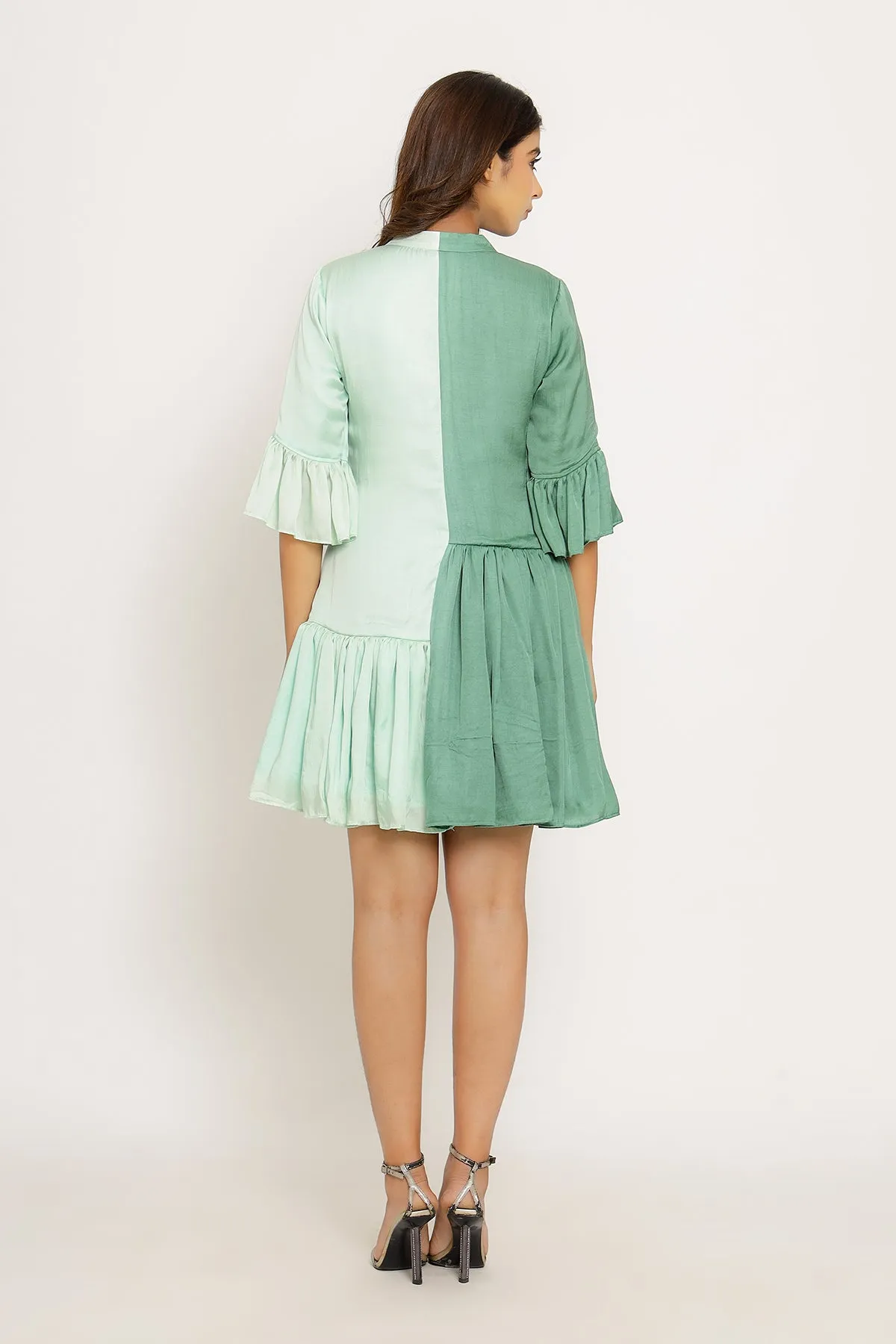 Tea Green-Teal Half & Half Color Blocked Dress