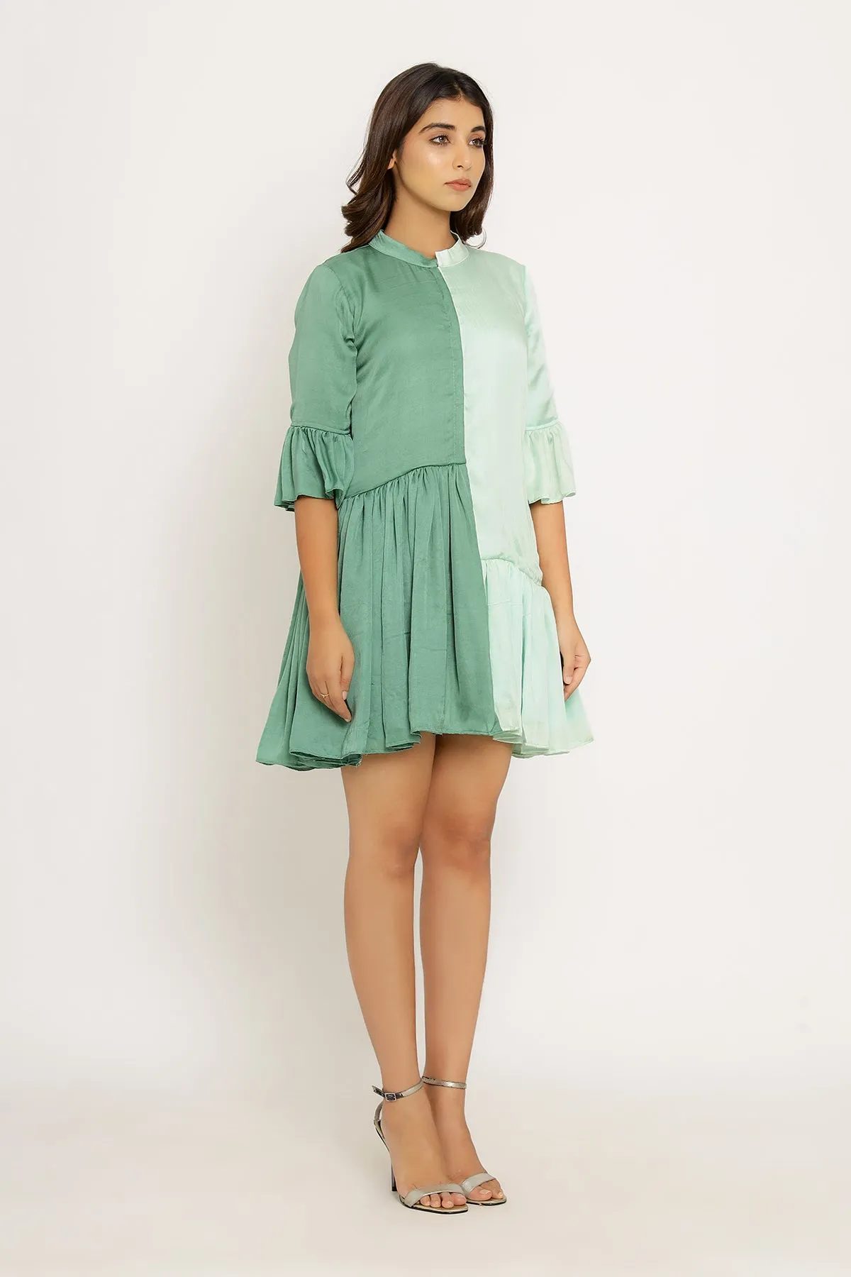 Tea Green-Teal Half & Half Color Blocked Dress