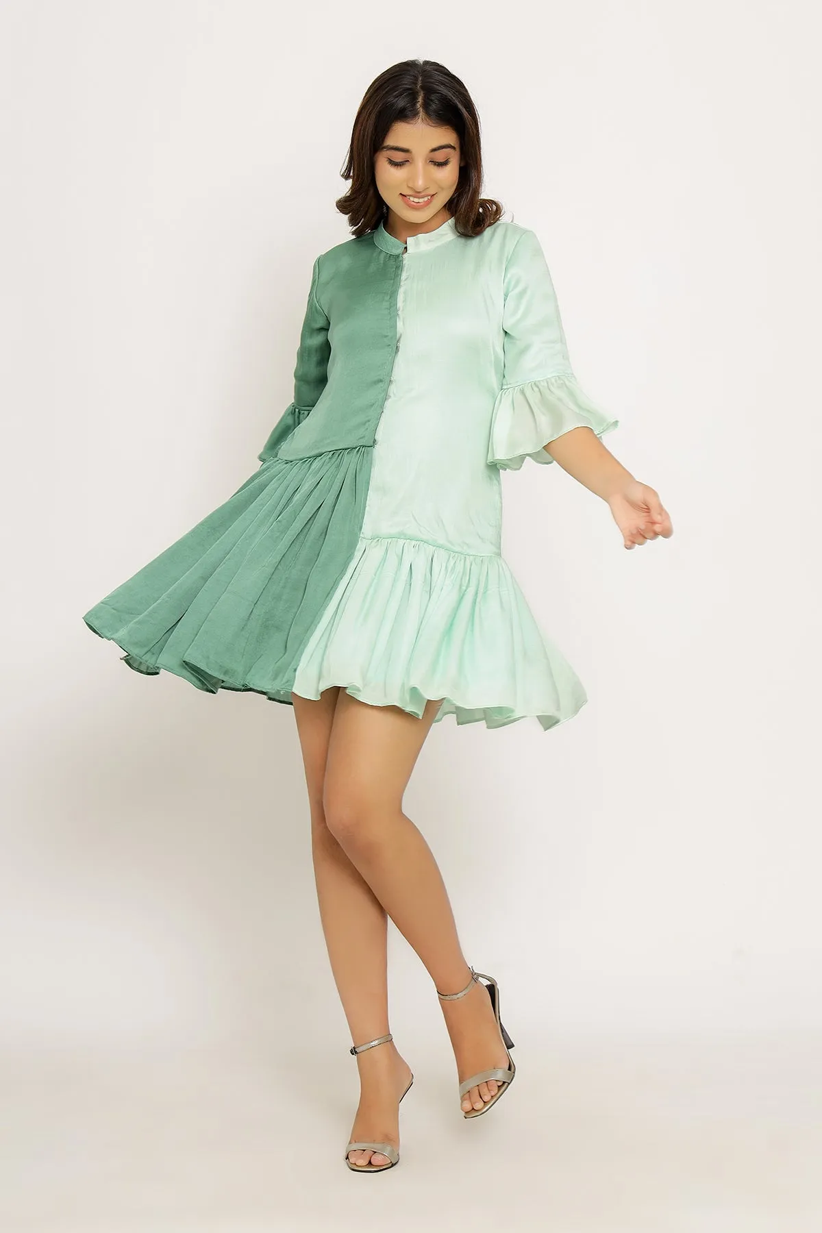 Tea Green-Teal Half & Half Color Blocked Dress