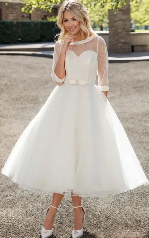 Tea-Length A-line Bateau Neck Illusion Sleeve Bowed Tulle Wedding Dresses