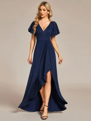 Tea Length Split Shiny Bridesmaid Dress With Ruffle Sleeves