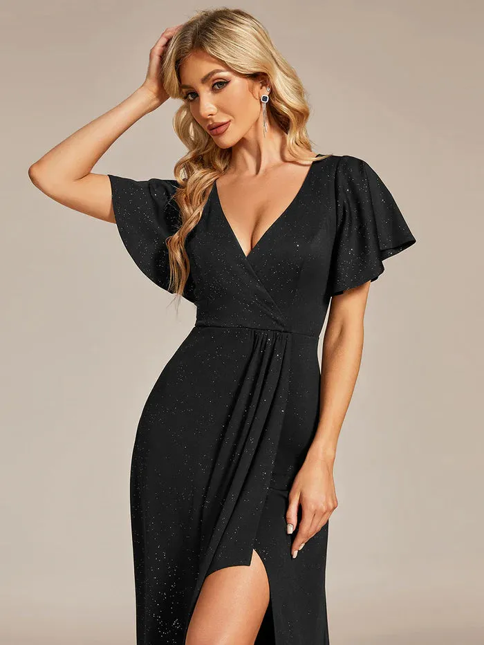 Tea Length Split Shiny Bridesmaid Dress With Ruffle Sleeves