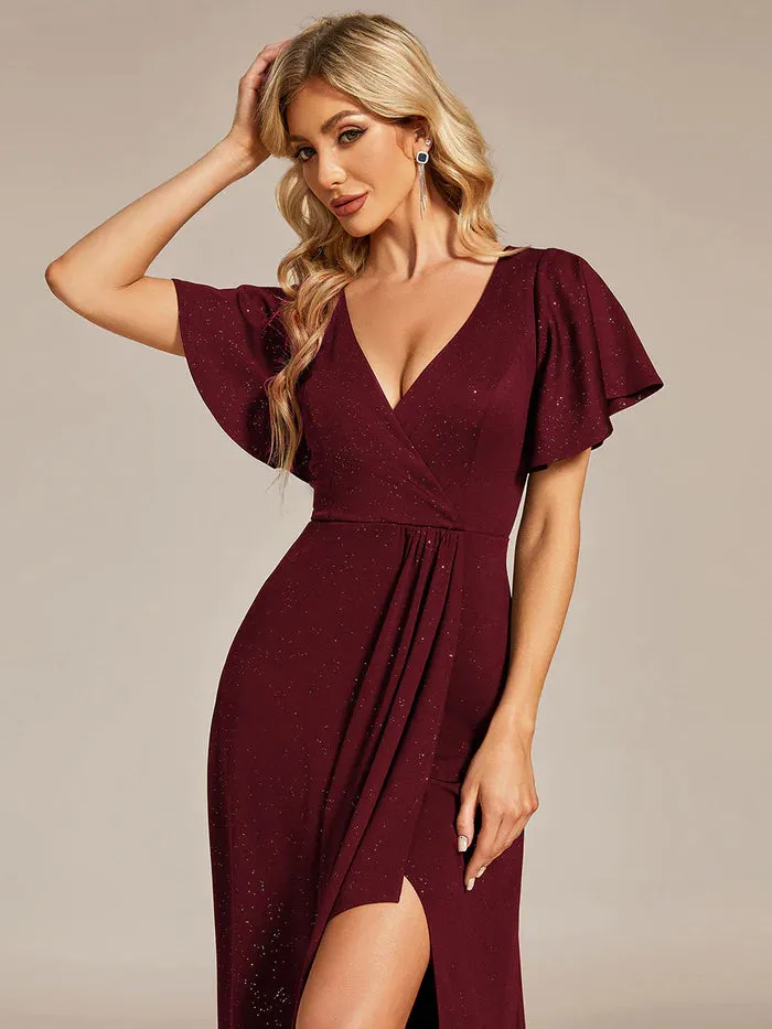 Tea Length Split Shiny Bridesmaid Dress With Ruffle Sleeves