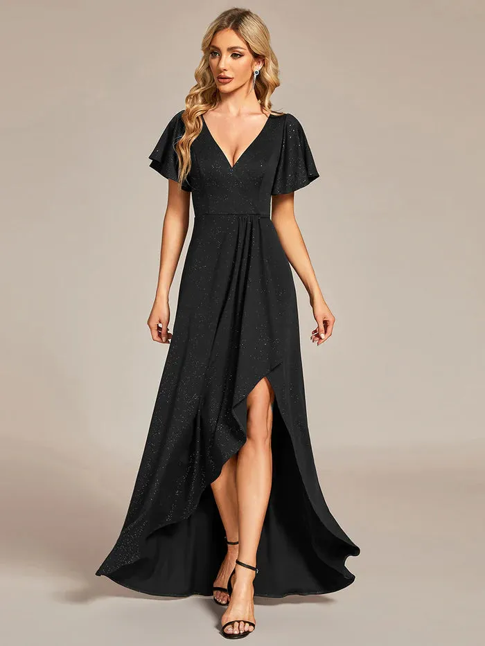 Tea Length Split Shiny Bridesmaid Dress With Ruffle Sleeves