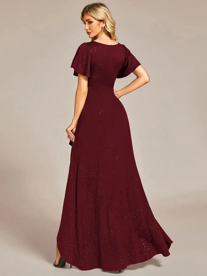 Tea Length Split Shiny Bridesmaid Dress With Ruffle Sleeves