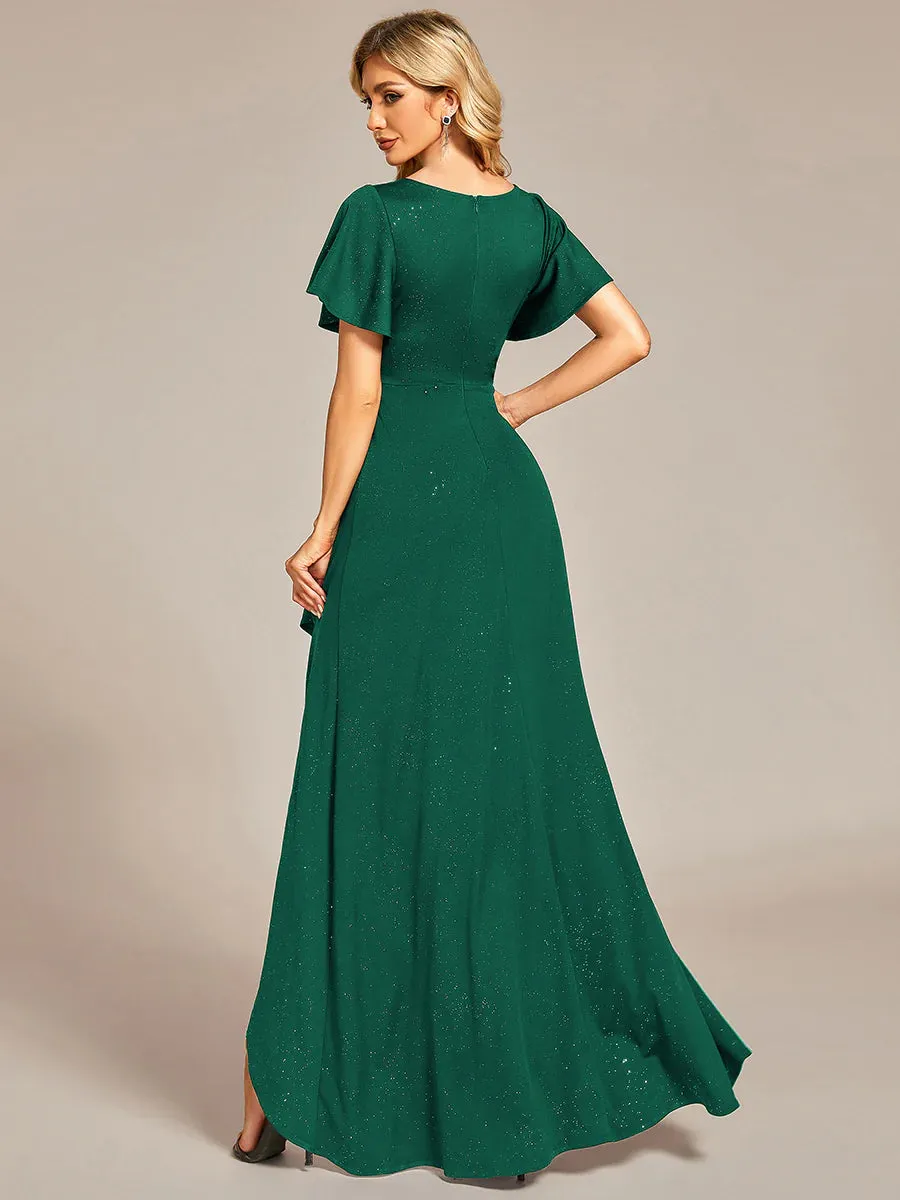 Tea Length Split Shiny Bridesmaid Dress With Ruffle Sleeves
