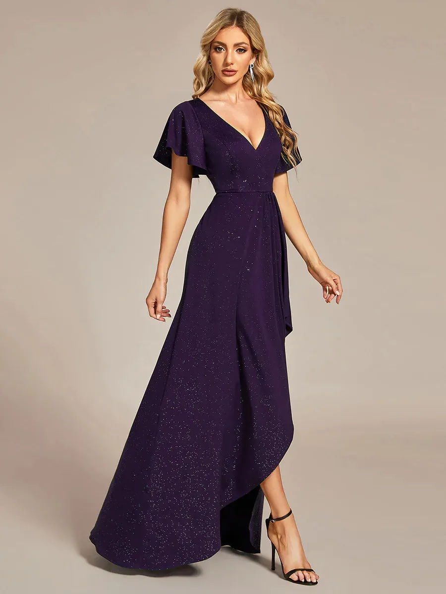 Tea Length Split Shiny Bridesmaid Dress With Ruffle Sleeves