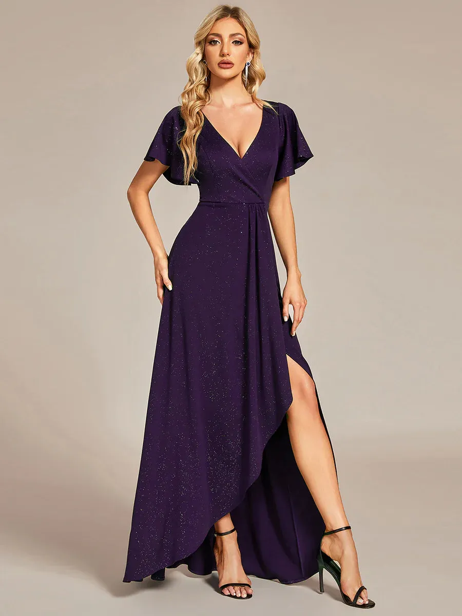 Tea Length Split Shiny Bridesmaid Dress With Ruffle Sleeves
