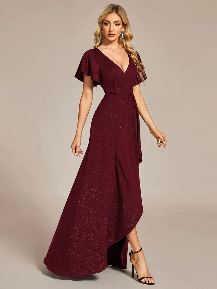 Tea Length Split Shiny Bridesmaid Dress With Ruffle Sleeves