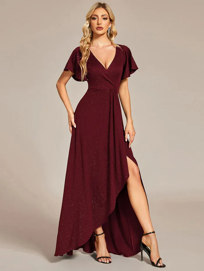 Tea Length Split Shiny Bridesmaid Dress With Ruffle Sleeves