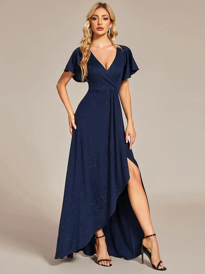 Tea Length Split Shiny Bridesmaid Dress With Ruffle Sleeves