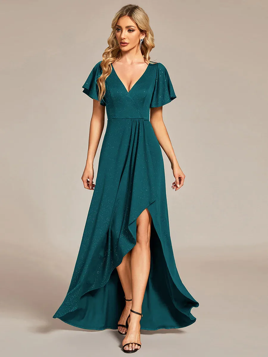 Tea Length Split Shiny Bridesmaid Dress With Ruffle Sleeves