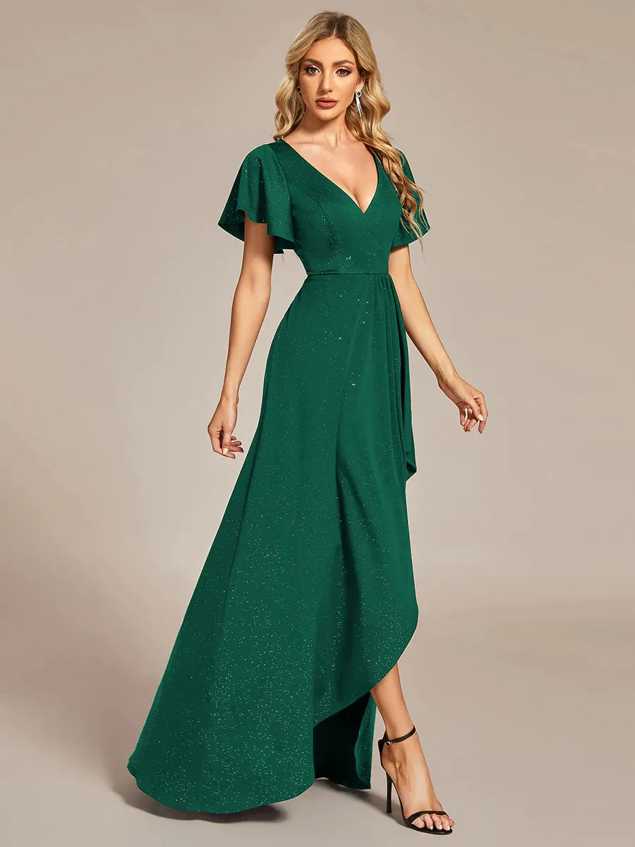 Tea Length Split Shiny Bridesmaid Dress With Ruffle Sleeves