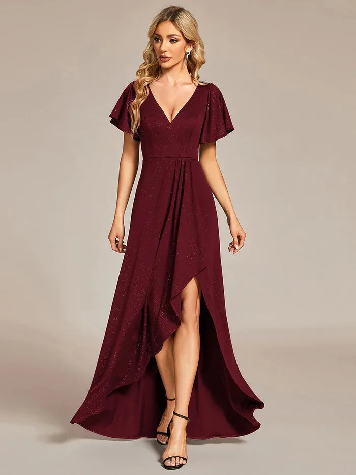 Tea Length Split Shiny Bridesmaid Dress With Ruffle Sleeves