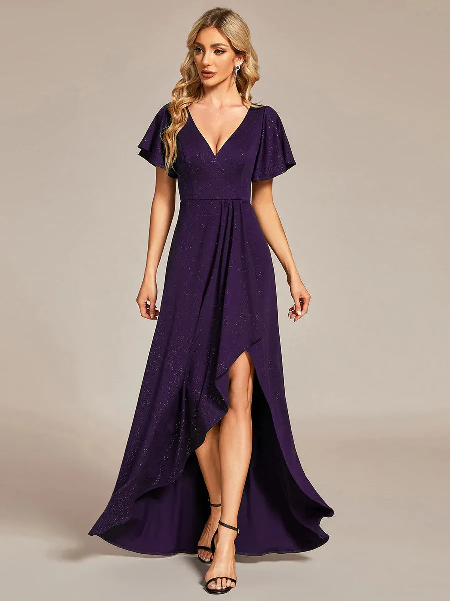 Tea Length Split Shiny Bridesmaid Dress With Ruffle Sleeves