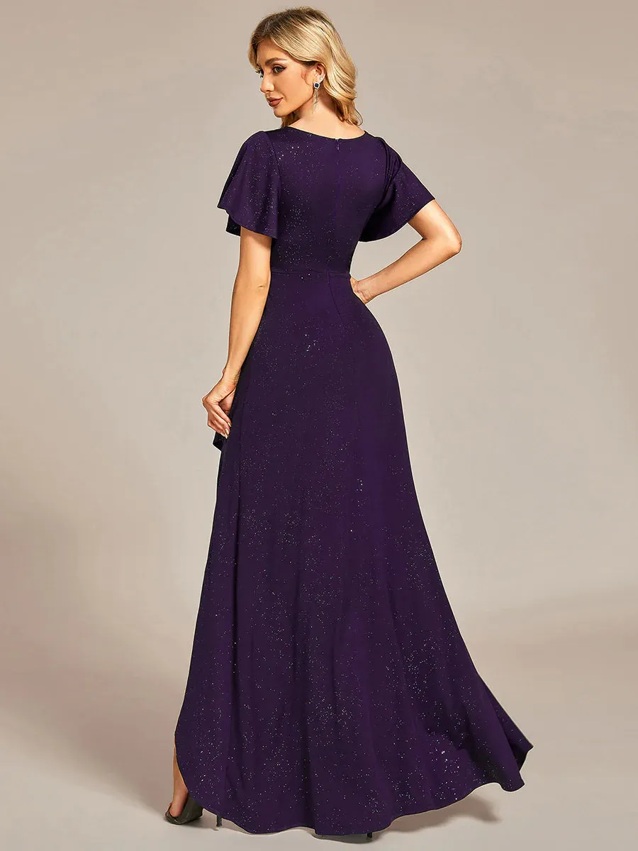 Tea Length Split Shiny Bridesmaid Dress With Ruffle Sleeves