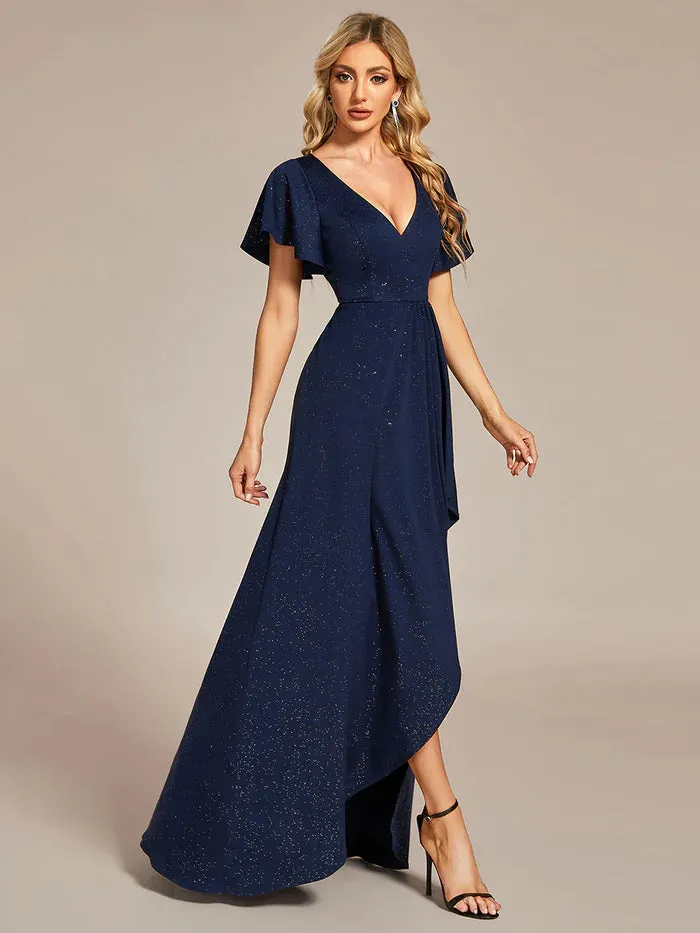 Tea Length Split Shiny Bridesmaid Dress With Ruffle Sleeves
