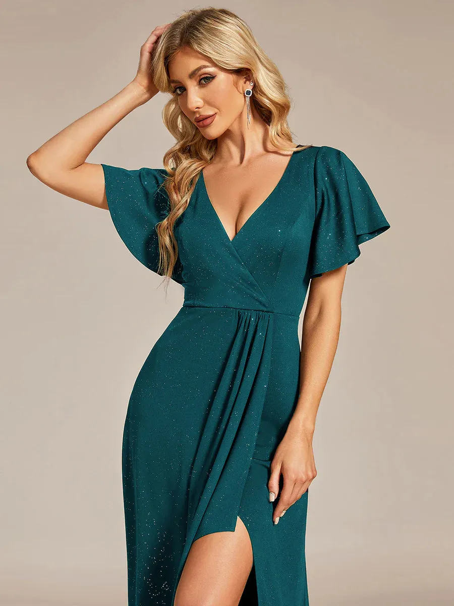 Tea Length Split Shiny Bridesmaid Dress With Ruffle Sleeves