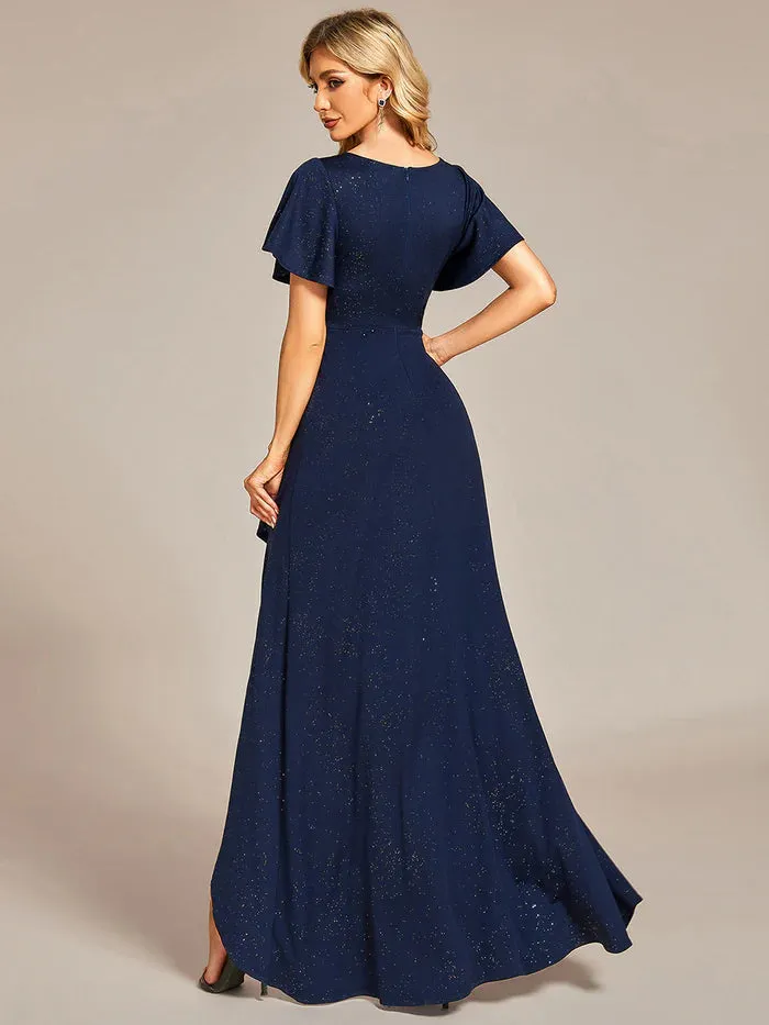 Tea Length Split Shiny Bridesmaid Dress With Ruffle Sleeves