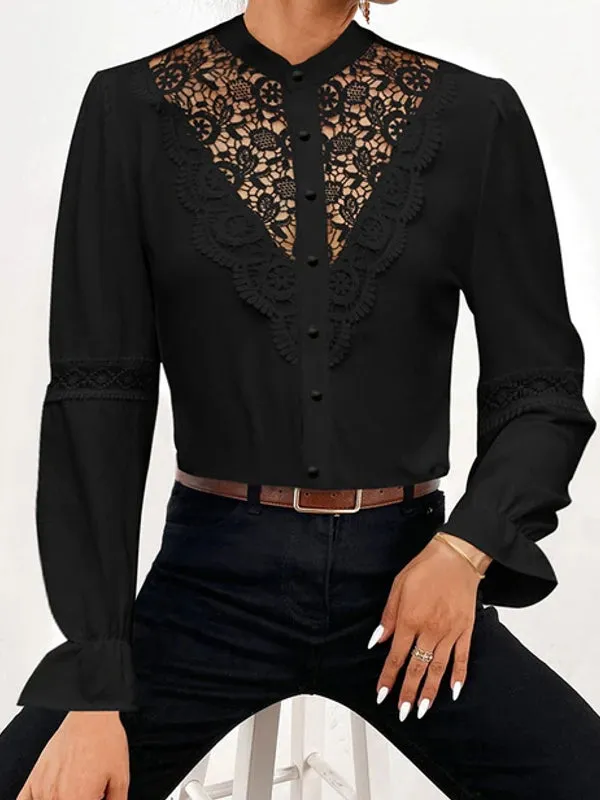 Tops Solid White Lace Shirt Stand Collar Blouses Women