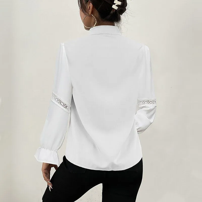 Tops Solid White Lace Shirt Stand Collar Blouses Women