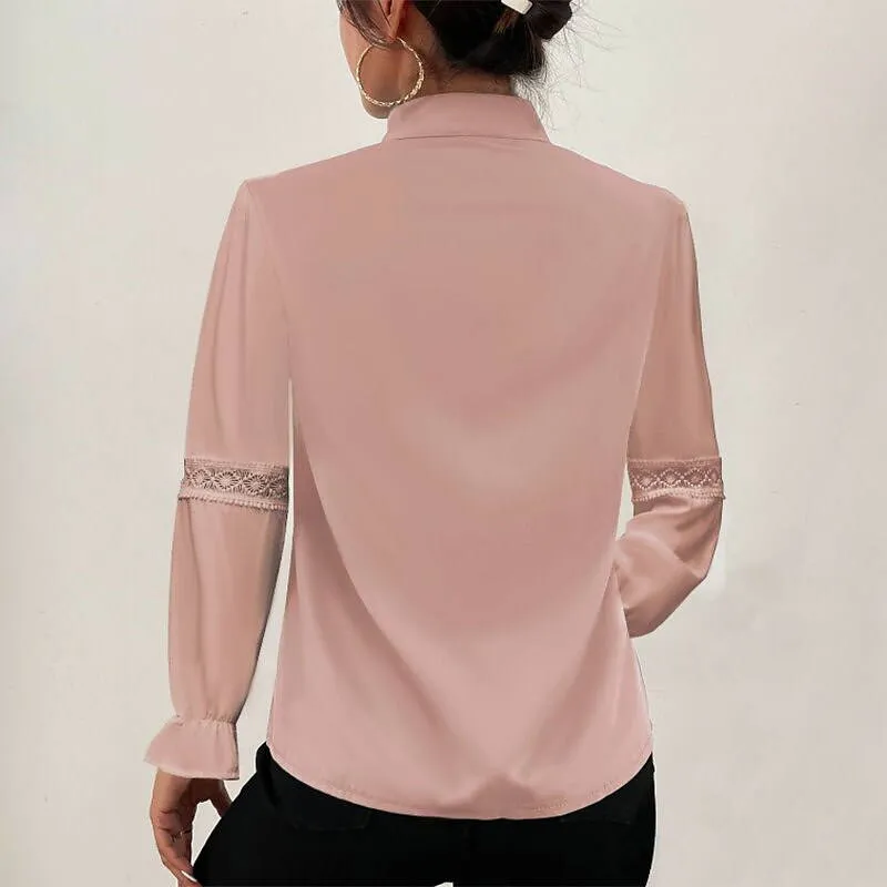 Tops Solid White Lace Shirt Stand Collar Blouses Women
