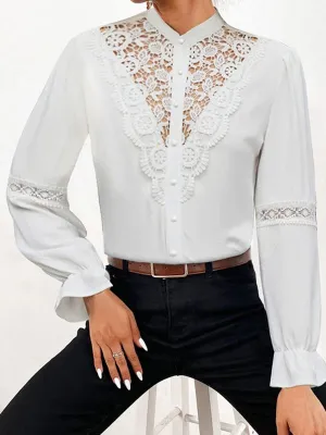 Tops Solid White Lace Shirt Stand Collar Blouses Women