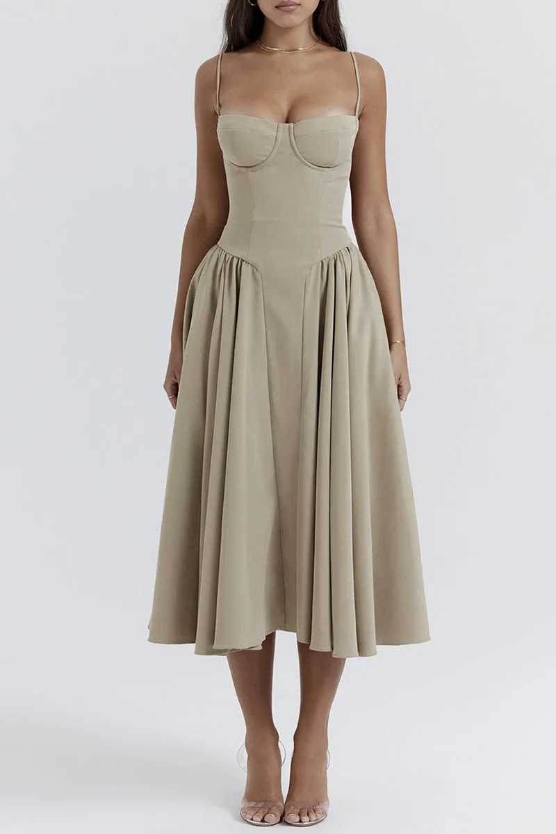 Vintage Elegant Solid Fold Square Collar Sling Dresses