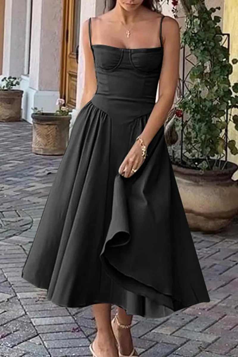 Vintage Elegant Solid Fold Square Collar Sling Dresses