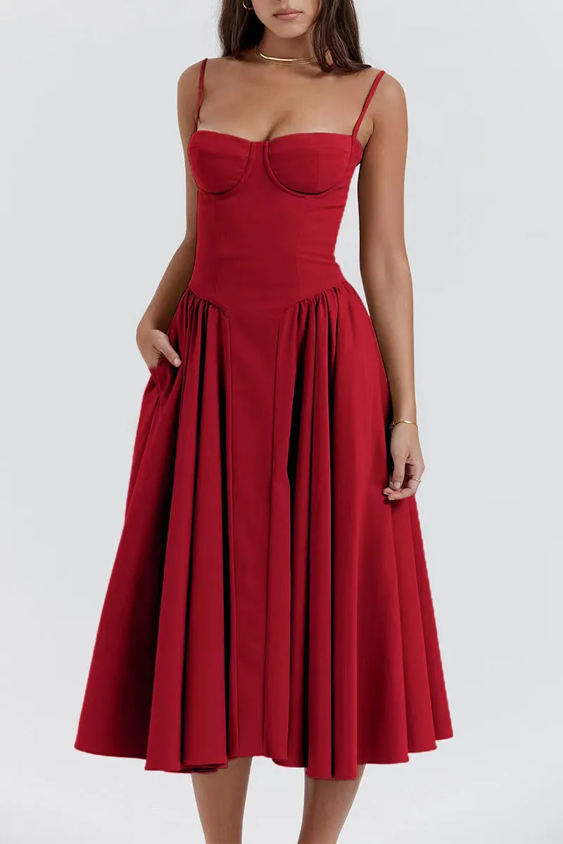 Vintage Elegant Solid Fold Square Collar Sling Dresses