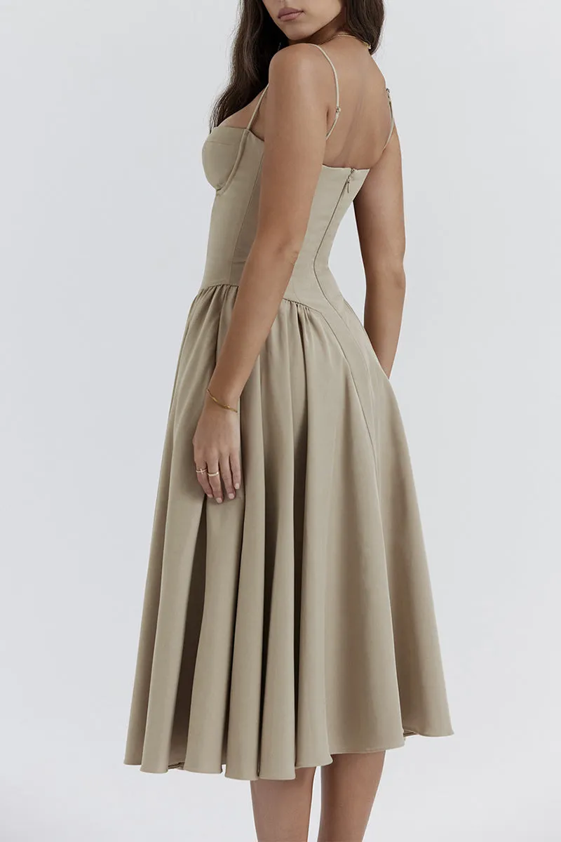 Vintage Elegant Solid Fold Square Collar Sling Dresses