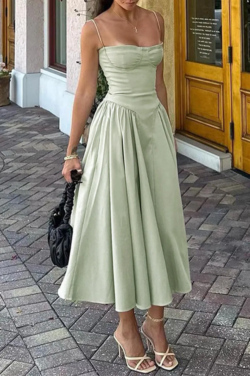 Vintage Elegant Solid Fold Square Collar Sling Dresses