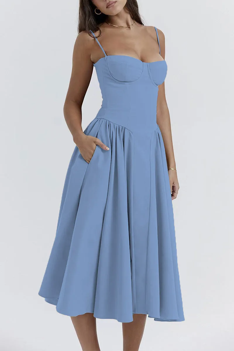 Vintage Elegant Solid Fold Square Collar Sling Dresses