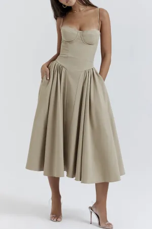 Vintage Elegant Solid Fold Square Collar Sling Dresses