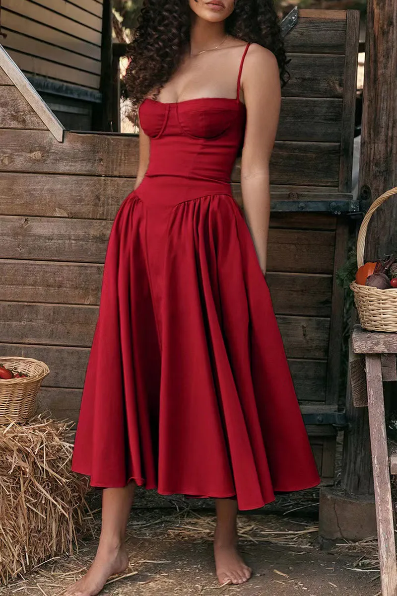 Vintage Elegant Solid Fold Square Collar Sling Dresses