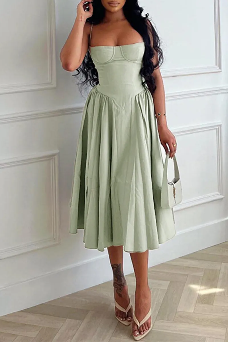 Vintage Elegant Solid Fold Square Collar Sling Dresses