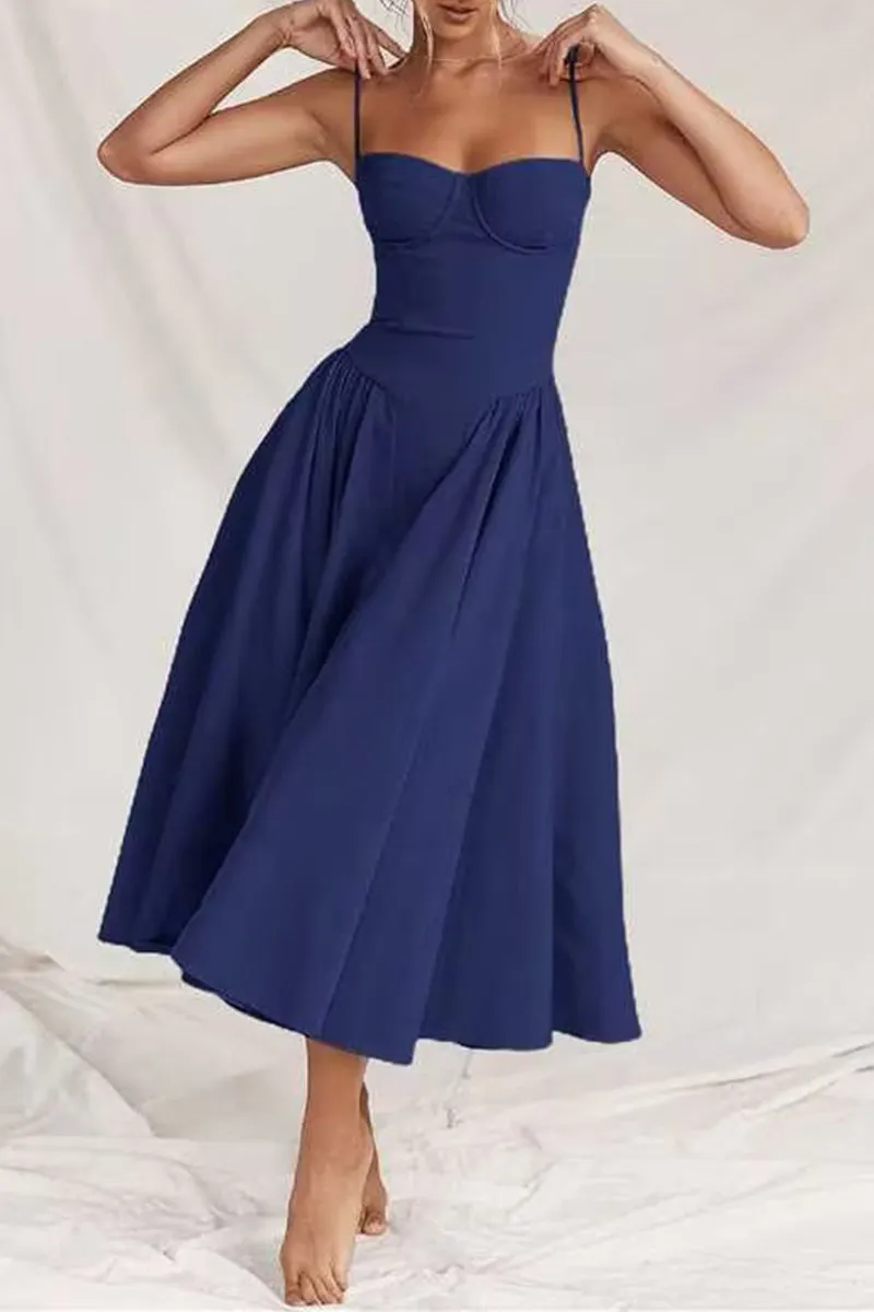 Vintage Elegant Solid Fold Square Collar Sling Dresses