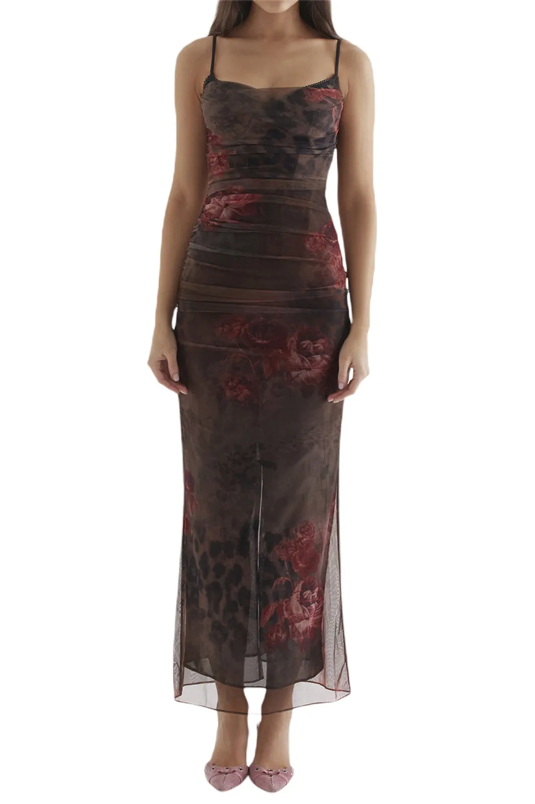 Vintage Sweetheart Ruched Trim Printed Mesh Slip Maxi Dress - Floral