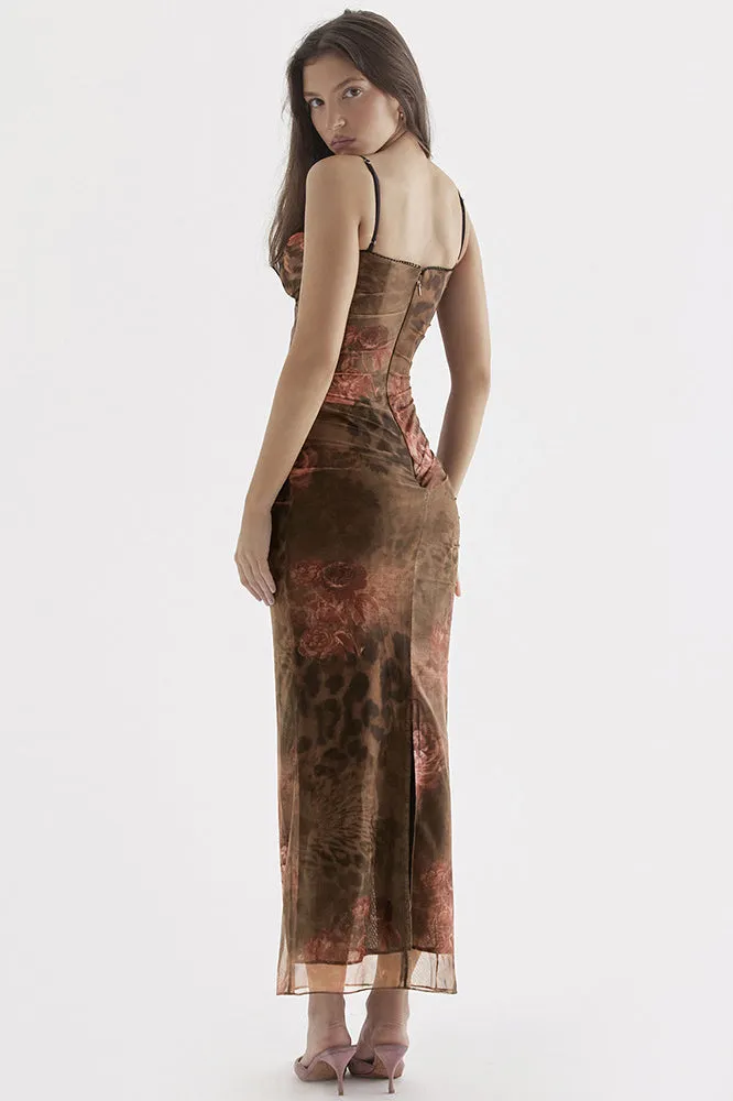Vintage Sweetheart Ruched Trim Printed Mesh Slip Maxi Dress - Floral