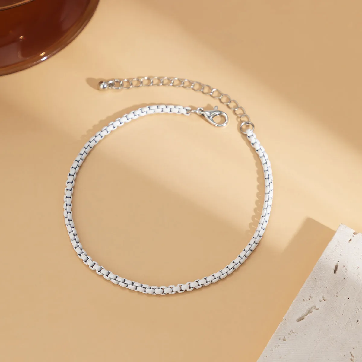 White Enamel & Silver-Plated Box Chain Anklet
