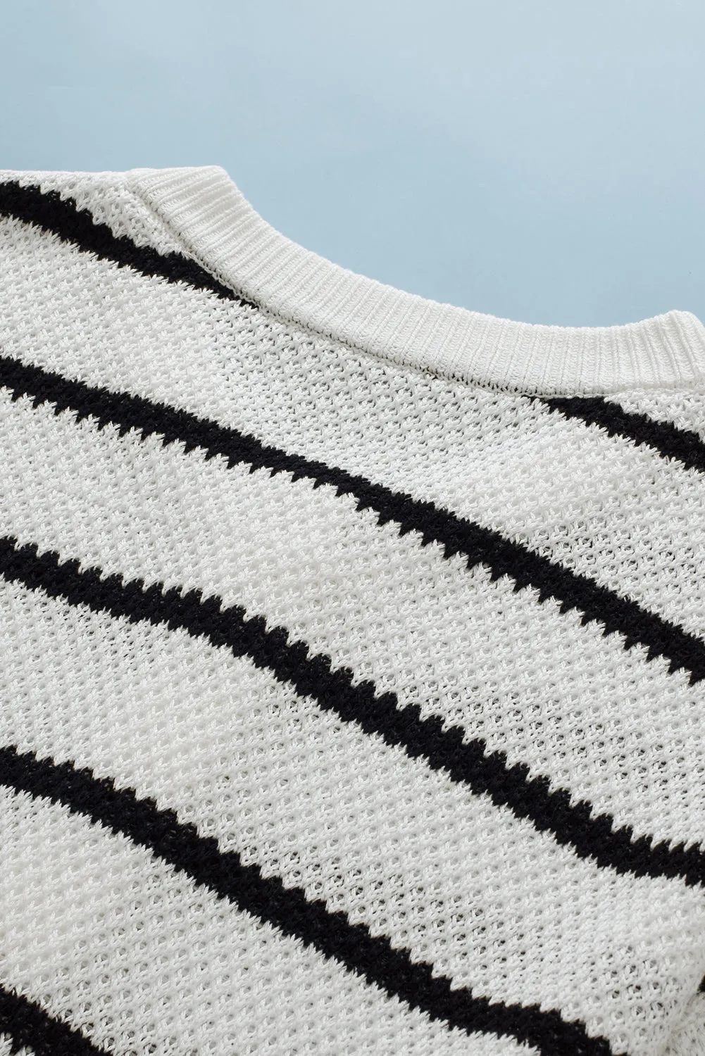 White Stripe Henley Buttoned Placket Drop Shoulder Bracelet Sleeve Knit Sweater Tee